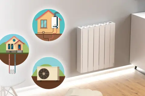 Ilustración de varios tipos de calefacción: geotermia, caldera y bomba de calor, junto a un radiador moderno.