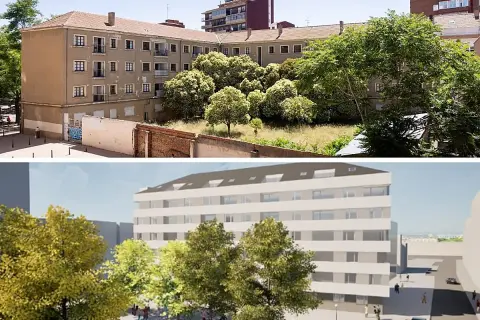 Edificio de apartamentos en construcción circular, con un diseño moderno y vistas a árboles.