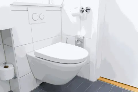 Instrucciones visuales para como instalar un inodoro al suelo. Baño moderno con inodoro suspendido, cisterna empotrada y portarrollos.