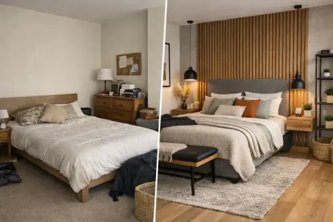 Transformación de un dormitorio: antes, un espacio sencillo; después, una **decoración de dormitorio** moderna con pared de lamas de madera y textiles acogedores.