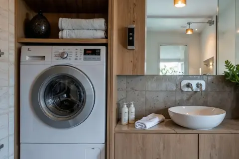 Lavaderos con encanto: lavadora blanca junto a un lavabo moderno con grifería cromada y un jarrón con plantas verdes.