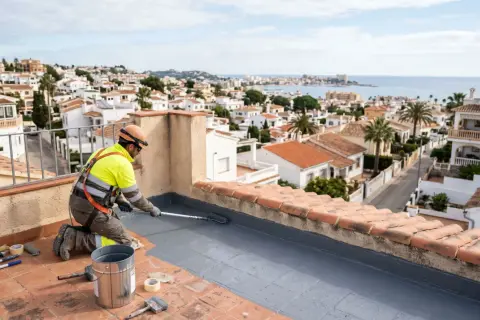 Trabajador aplica mortero bicapa en tejado con vistas a un pueblo costero.