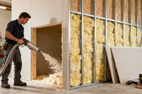 Hombre usando máquina para insonorizar pared, inyectando material aislante en cavidad.