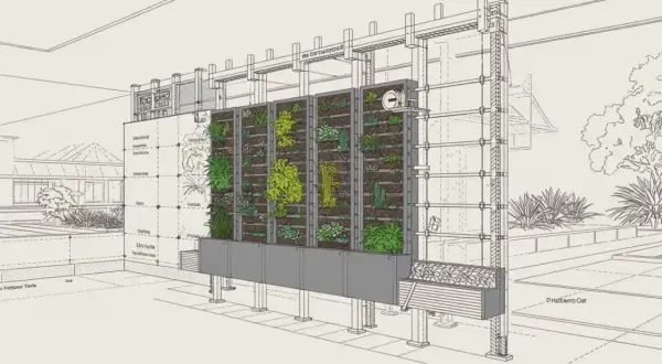 Detalle de planos de jardines verticales con plantas y estructura metálica.