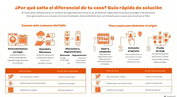Guía sobre qué es el diferencial eléctrico, sus causas comunes (electrodomésticos, humedad) y cómo detectarlo paso a paso.