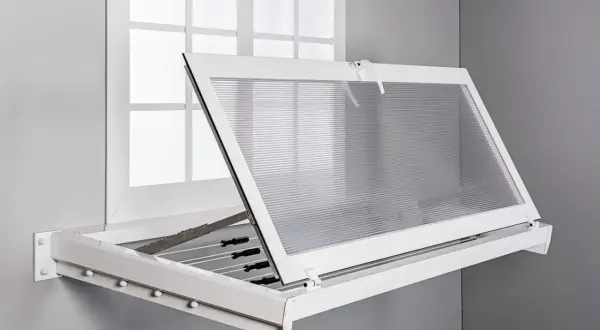 Un tendedero exterior plegable, ideal para poner ropa a secar al aire libre, se abre desde una ventana.