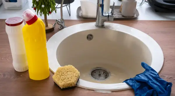 Prepara tus guantes y productos de limpieza para saber como desatascar un lavabo. Esponja, botellas y un lavabo listo para la acción.