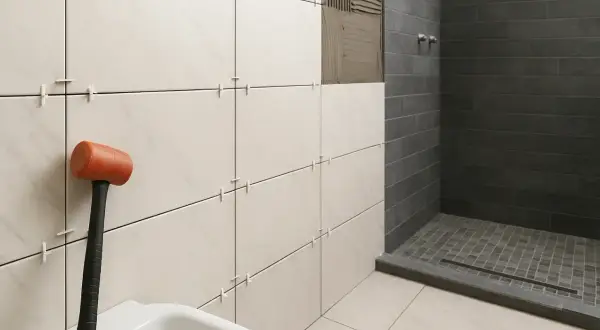 Colocando azulejos con cemento cola. Mazo naranja y azulejos blancos listos para instalar en un baño con ducha oscura.