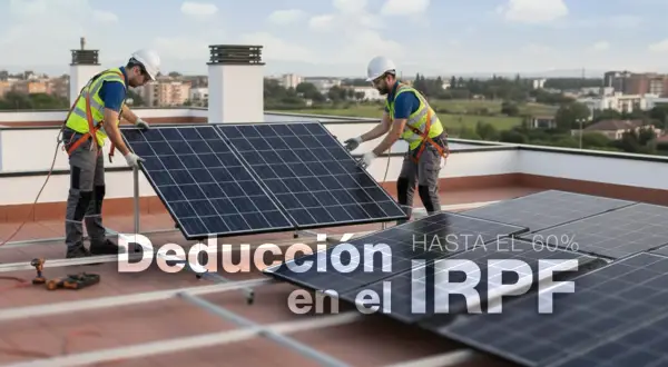 Instaladores colocan paneles solares en un tejado, promoviendo la deducción en el IRPF para desgravar eficiencia energética.
