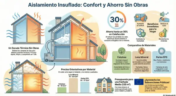 Ilustración de una vivienda unifamiliar con aislamiento insuflado, mostrando cómo mejora el confort y ahorra energía.