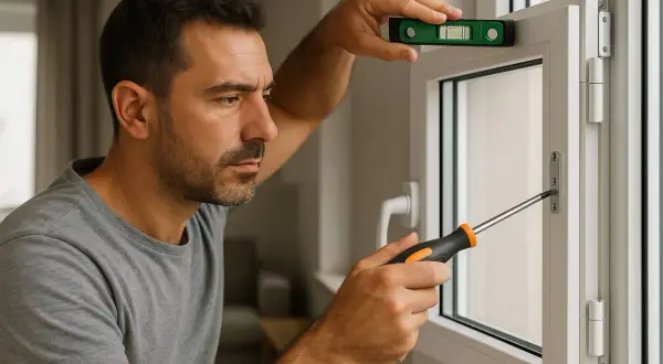 Hombre ajustando una ventana oscilobatiente que no cierra bien con un nivel y destornillador.