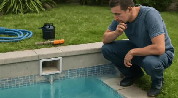 Hombre pensativo junto a la piscina, con herramientas para arreglar piscina.