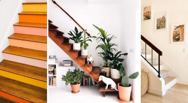 Ideas para decorar subida de escalera interior: escalones pintados, plantas y cuadros.