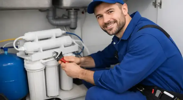 Técnico sonriente instala sistema de osmosis inversa bajo el fregadero.