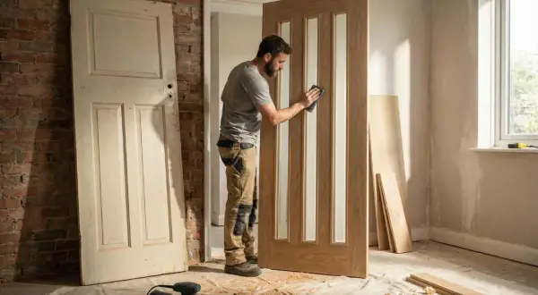 Hombre lijando una puerta moderna de madera con paneles de vidrio, un proyecto para modernizar puertas viejas.