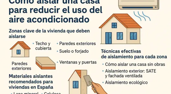 Infografía sobre cómo aislar una casa para reducir el uso del aire acondicionado, mostrando zonas clave, materiales y técnicas de aislamiento, incluyendo el sate interior.