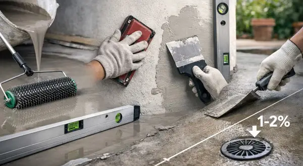 Manos con guantes aplican cemento para como nivelar un suelo de cemento. Se usan llana, rodillo y nivel.