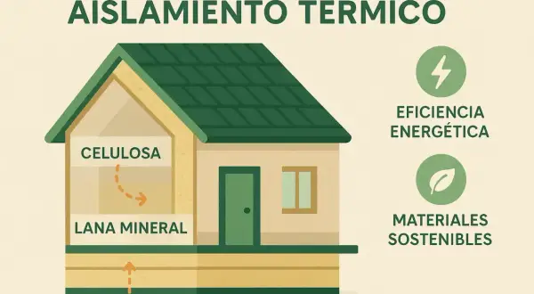 Casa con aislamiento térmico de celulosa y lana mineral. Eficiencia energética y materiales sostenibles.