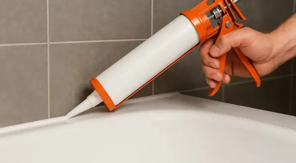 Mano aplicando silicona con pistola en la junta de una bañera. Guía para saber como poner silicona en la ducha.