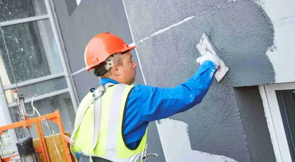 Obrero aplica revestimiento a un panel aislante térmico exterior.