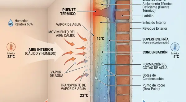 Ilustración de un puente térmico en un muro, mostrando la transferencia de calor y vapor de agua del interior cálido al exterior frío, causando condensación.