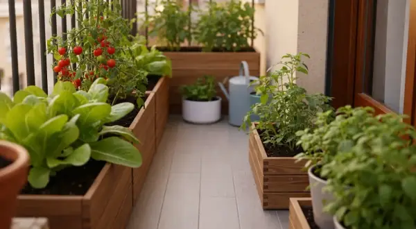 Un balcón transformado en un vibrante jardín urbano, con lechugas frescas y tomates rojos madurando en macetas de madera.