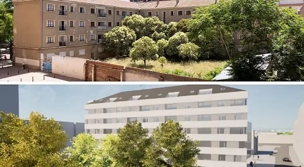Edificio de apartamentos en construcción circular, con un diseño moderno y vistas a árboles.