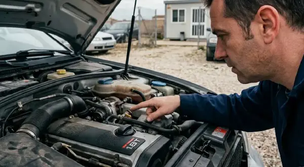Hombre revisa el motor de un coche, preocupado por un posible ruido de motor en casa.