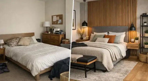 Transformación de un dormitorio: antes, un espacio sencillo; después, una **decoración de dormitorio** moderna con pared de lamas de madera y textiles acogedores.