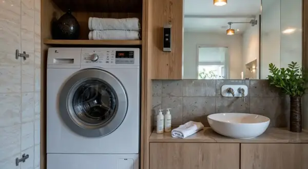 Lavaderos con encanto: lavadora blanca junto a un lavabo moderno con grifería cromada y un jarrón con plantas verdes.