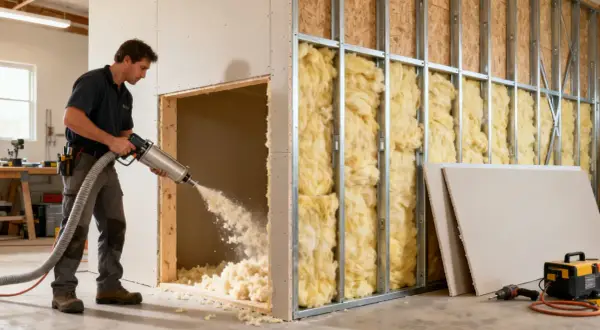 Hombre usando máquina para insonorizar pared, inyectando material aislante en cavidad.