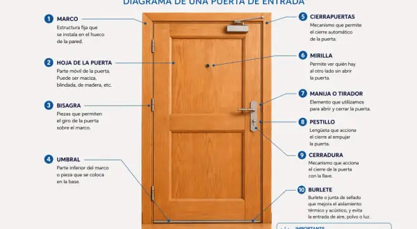 Diagrama de las partes de una puerta de entrada: marco, hoja, bisagra, umbral, cierrapuertas, mirilla, manija, pestillo, cerradura y burlete.