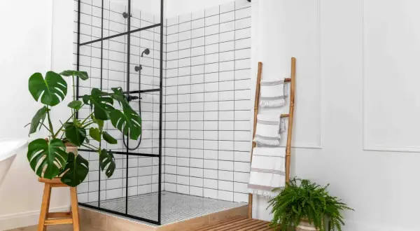 Un plato de ducha moderno con mampara negra, azulejos blancos y plantas. Ideal para saber como poner un plato de ducha.