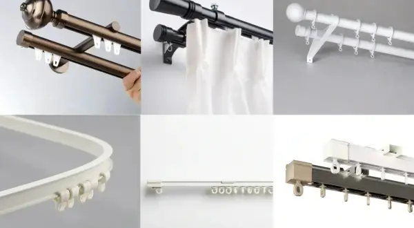 Seis tipos de rieles para cortinas: dobles de metal, negros con cortinas blancas, blancos dobles, curvos, rectos y de doble canal.