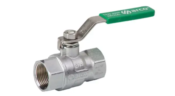 Llave de paso de bola de latón, ideal para cambiar una llave de paso empotrada. Mango verde con marca "Arco".