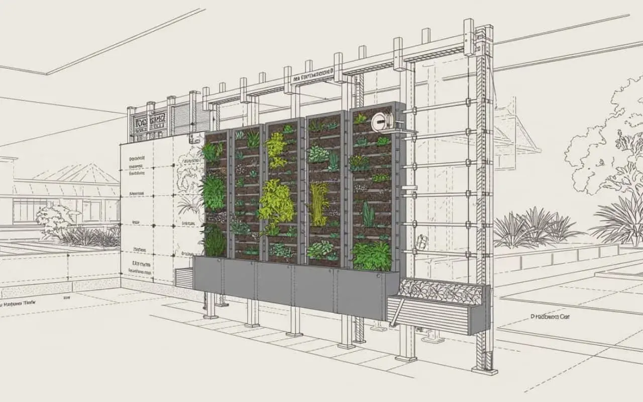 Detalle de planos de jardines verticales con plantas y estructura metálica.