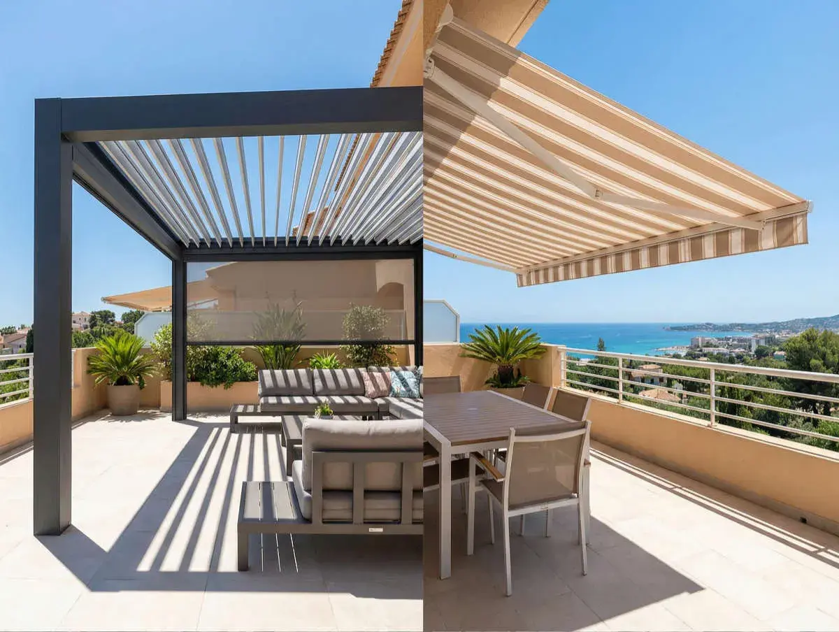 Dos opciones para disfrutar del exterior: una pérgola moderna y un toldo a rayas, ideales para saber como cerrar una pergola de madera y crear tu espacio.