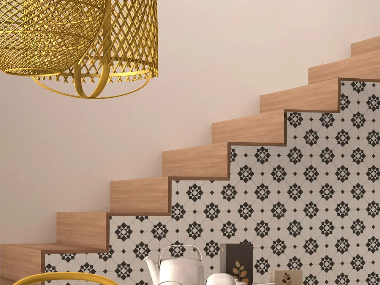 Escaleras de madera con diseño geométrico en vinilo, combinando estilo y durabilidad.