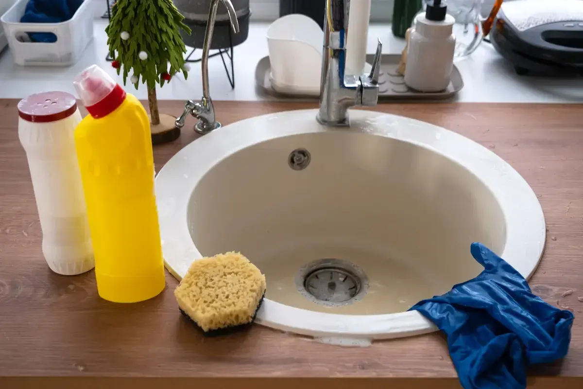 Prepara tus guantes y productos de limpieza para saber como desatascar un lavabo. Esponja, botellas y un lavabo listo para la acción.