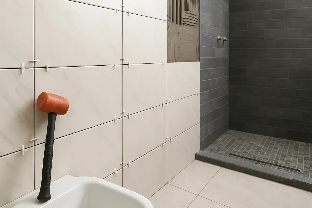 Colocando azulejos con cemento cola. Mazo naranja y azulejos blancos listos para instalar en un baño con ducha oscura.
