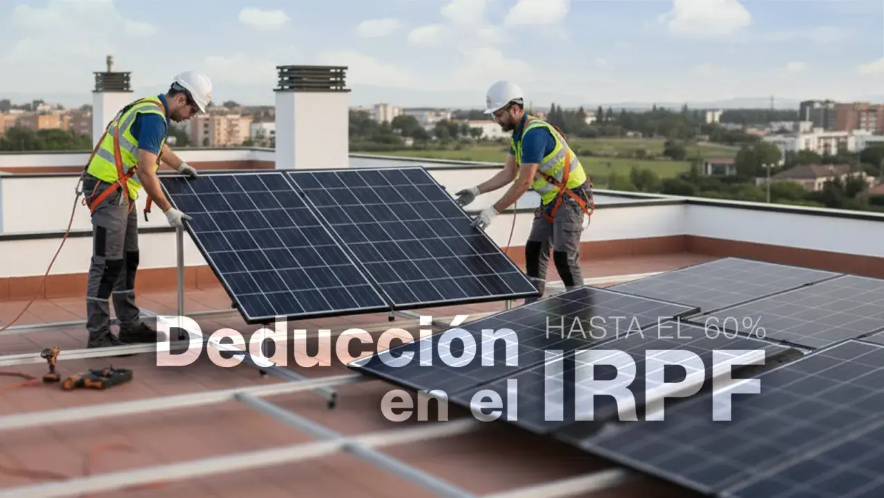 Instaladores colocan paneles solares en un tejado, promoviendo la deducción en el IRPF para desgravar eficiencia energética.