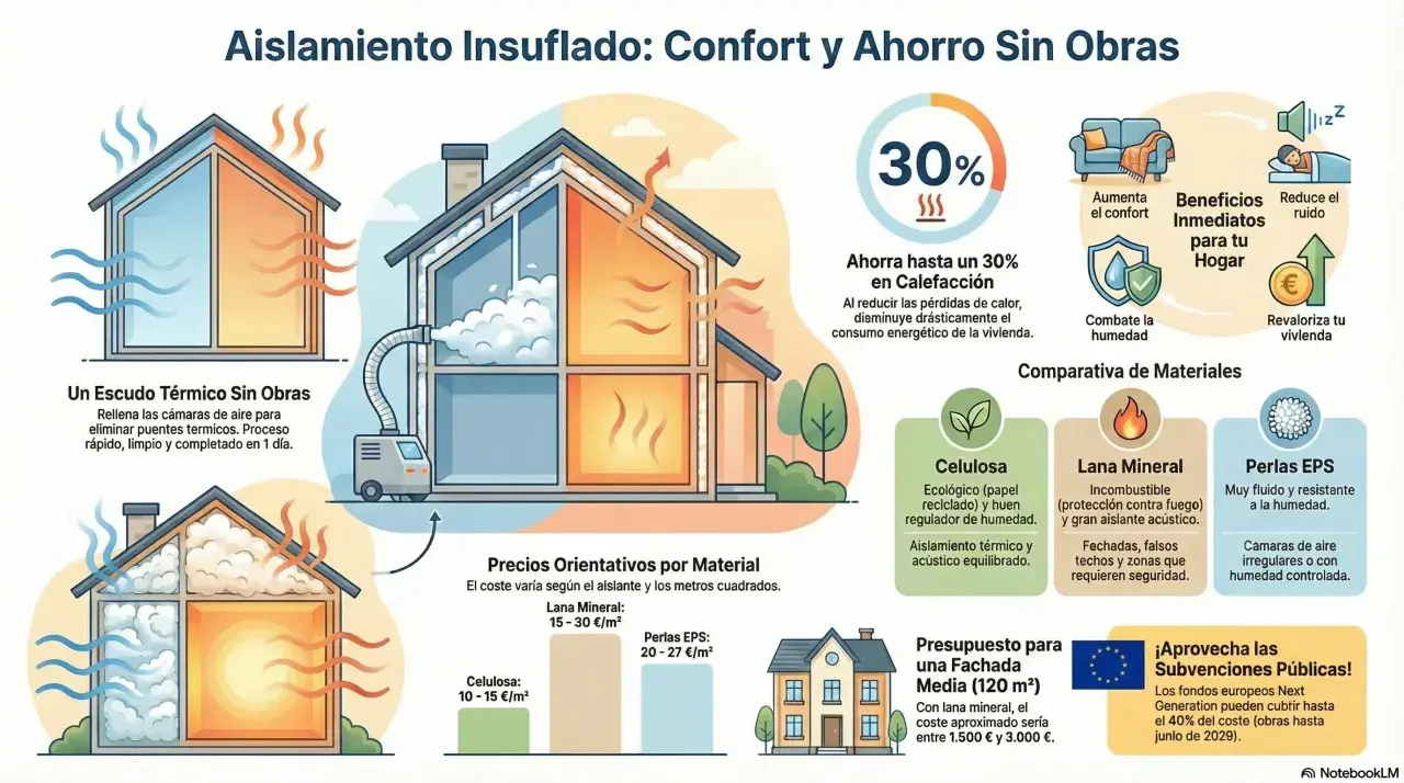 Ilustración de una vivienda unifamiliar con aislamiento insuflado, mostrando cómo mejora el confort y ahorra energía.