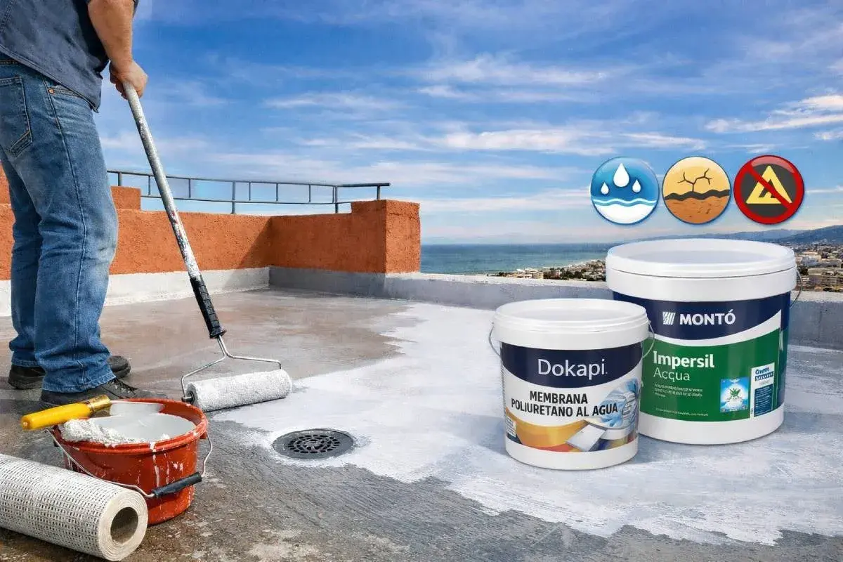 Hombre aplicando pintura para impermeabilizar terraza con rodillo. Cubos de Dokapi e Impercil Acqua.