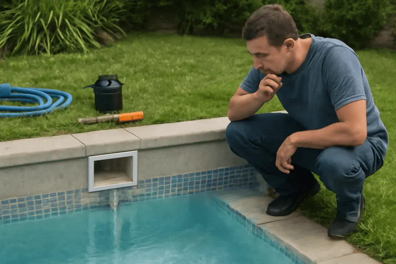 Hombre pensativo junto a la piscina, con herramientas para arreglar piscina.