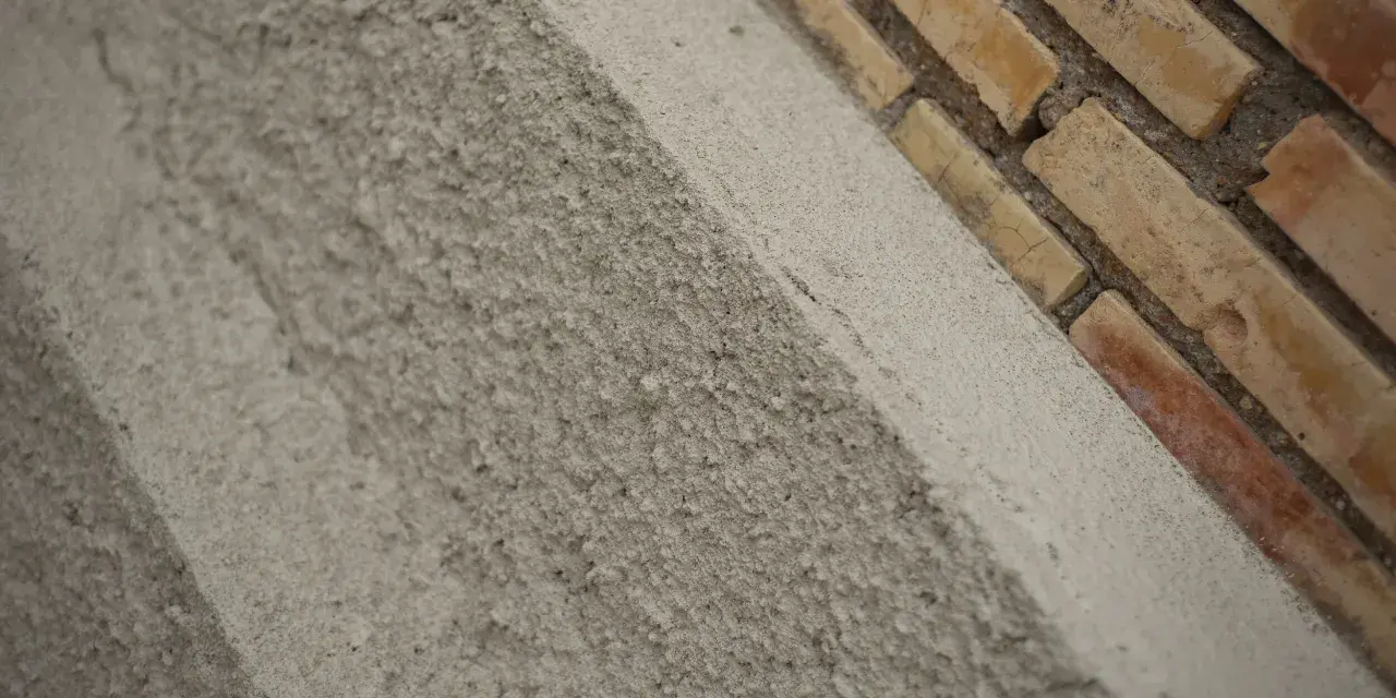 Textura rugosa de un muro de ladrillos y cemento. El acrílico que es este material de construcción, se ve en primer plano.