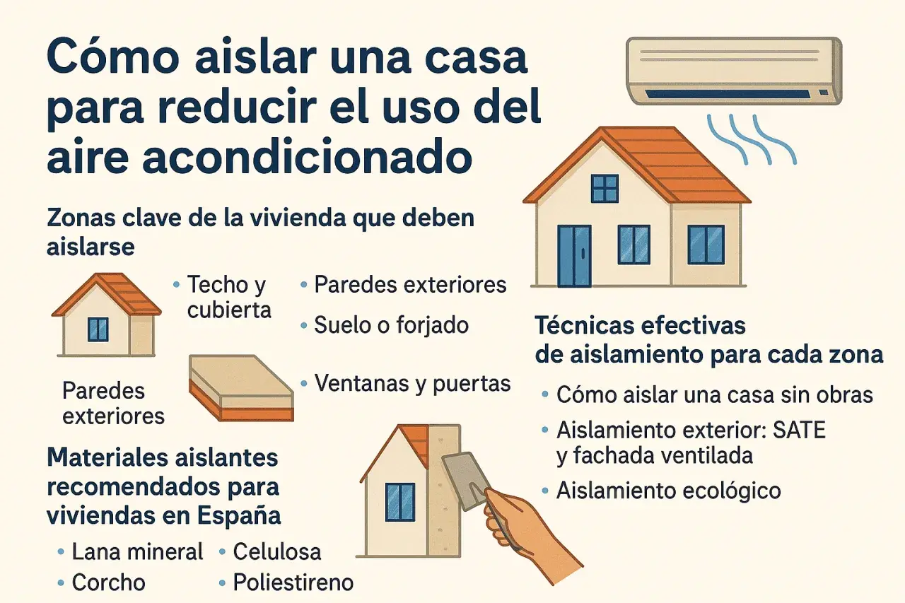 Infografía sobre cómo aislar una casa para reducir el uso del aire acondicionado, mostrando zonas clave, materiales y técnicas de aislamiento, incluyendo el sate interior.
