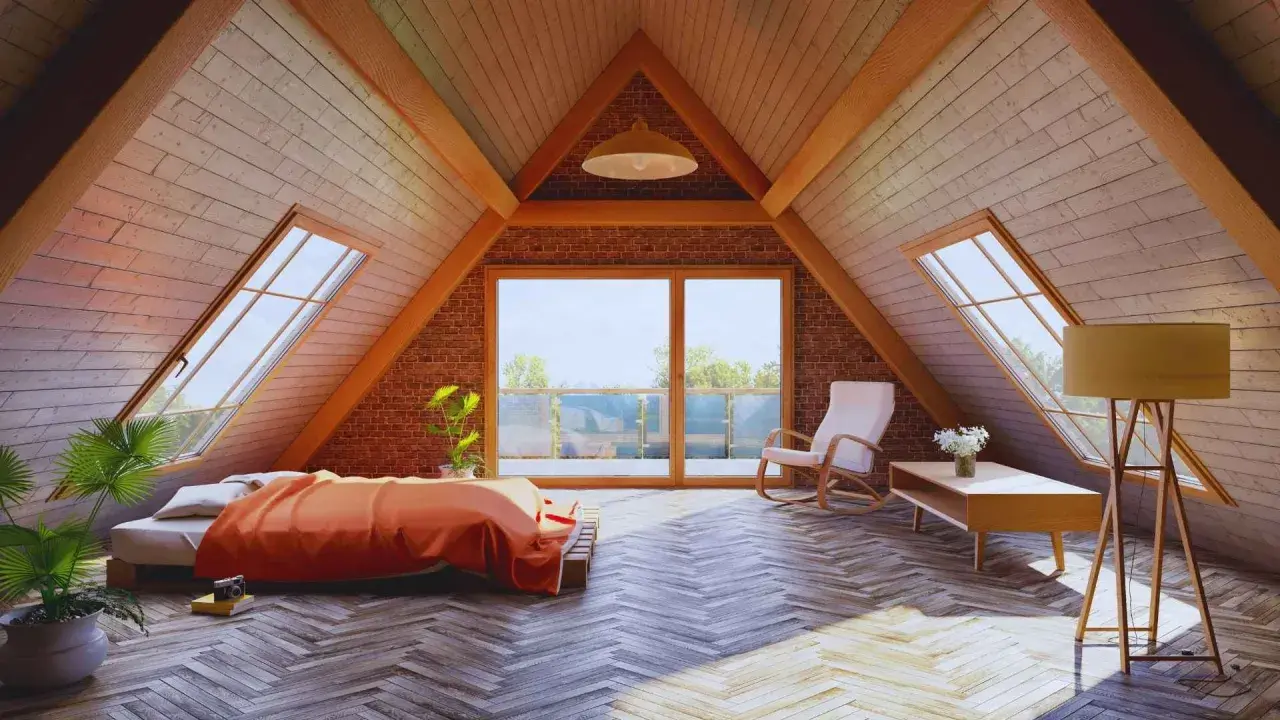 Acogedor dormitorio abuhardillado con cama naranja, mecedora y grandes ventanales. Ideal para **aprovechar buhardilla muy baja** con estilo y luz.