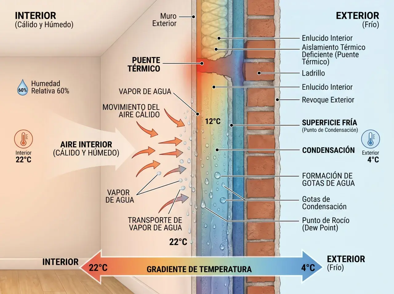 Ilustración de un puente térmico en un muro, mostrando la transferencia de calor y vapor de agua del interior cálido al exterior frío, causando condensación.