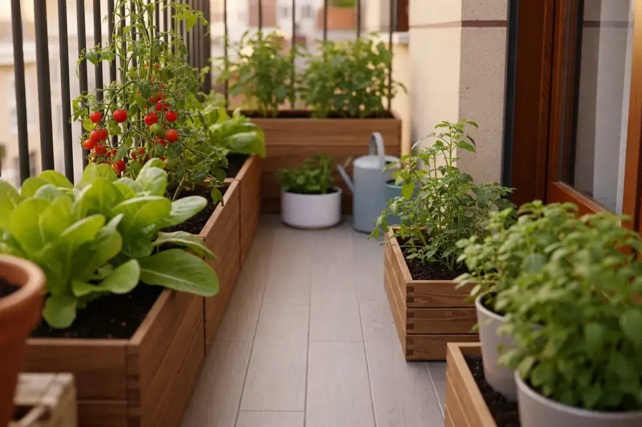 Un balcón transformado en un vibrante jardín urbano, con lechugas frescas y tomates rojos madurando en macetas de madera.