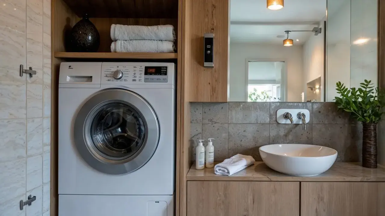 Lavaderos con encanto: lavadora blanca junto a un lavabo moderno con grifería cromada y un jarrón con plantas verdes.